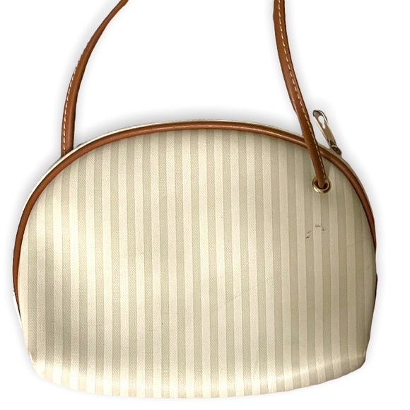 ALLAN EDWARD Vintage 80s Half Moon White & Brown Stripe Crossbody - Picture 9 of 13